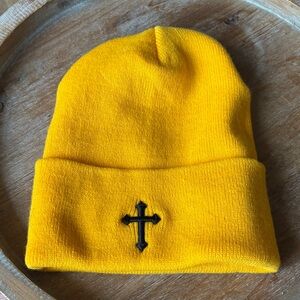 Yelllow gold beanie with Cross stitching